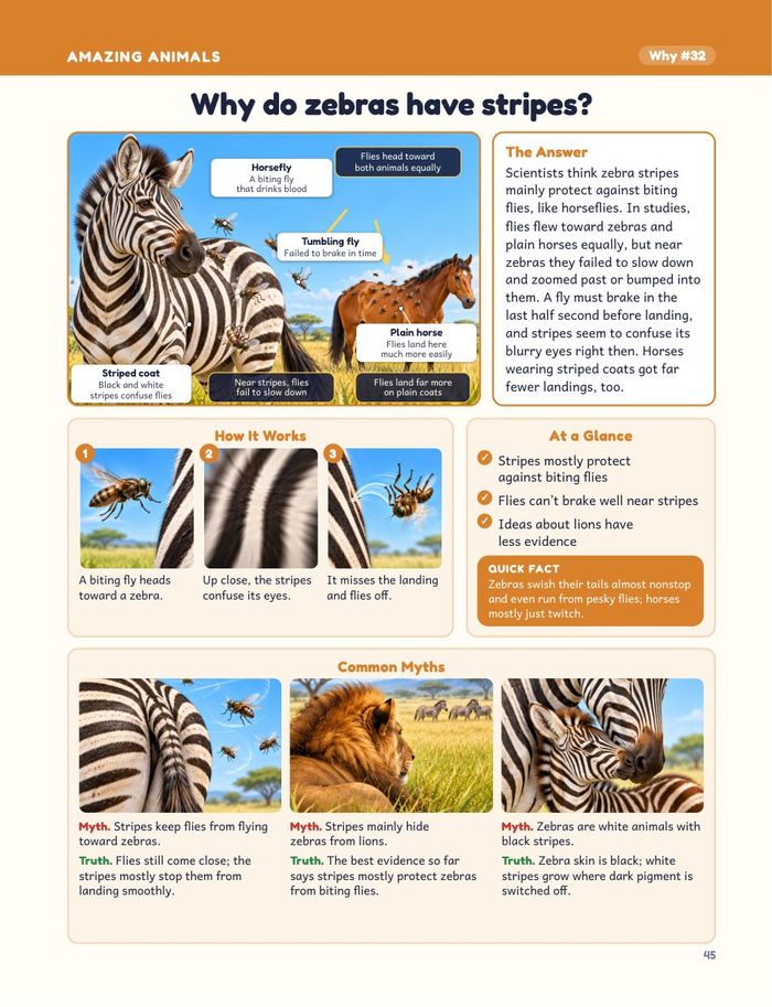 A full question page from the book: Why do zebras have stripes?